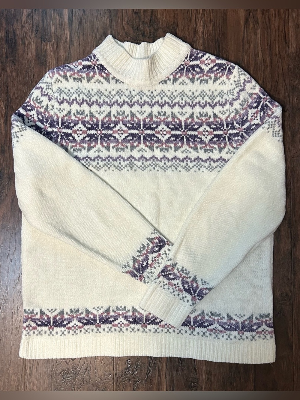 Cream Sweater - Classic Winter Knit with Pretty Purple and Pink Pattern